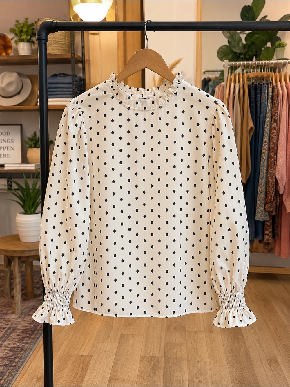SHEIN Cream Black Polka Dot Ruffle Neck Blouse Smocked Cuffs L